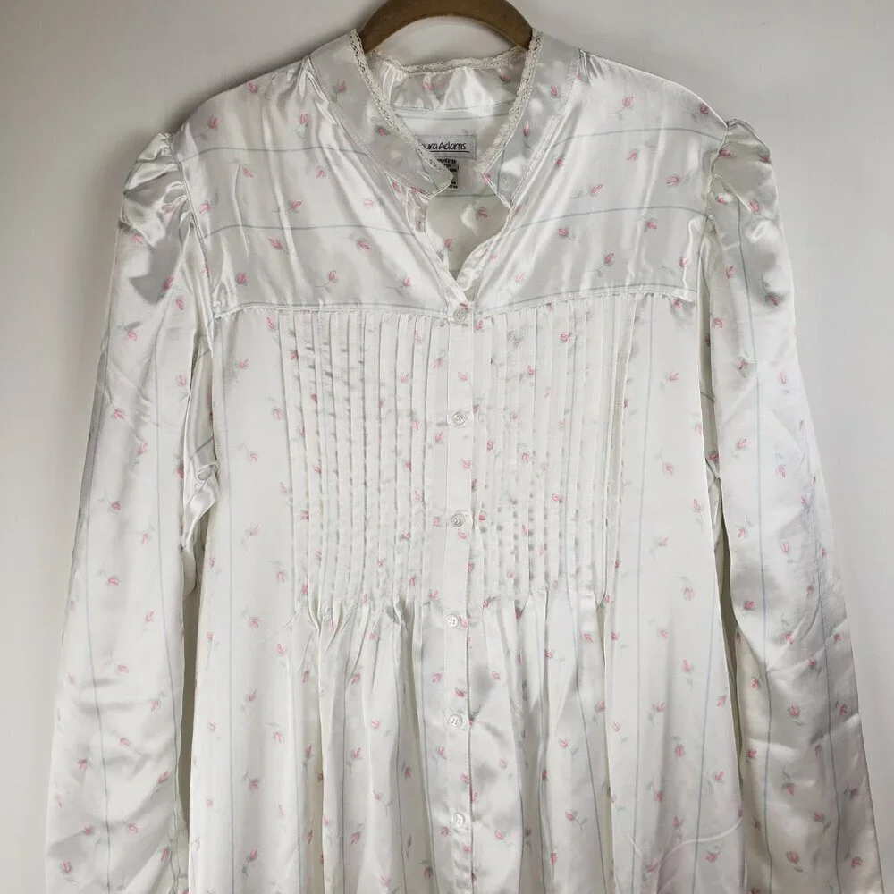 Laura Adams Long Sleeve Nightgown White Satin Modest Button Up Womens Large